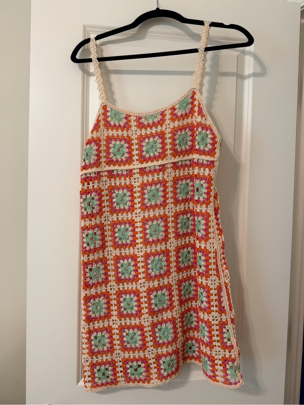 Crochet Square Knit mini Dress - Orange, Cream & Mint